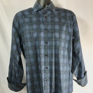 Men's L Johnston & Murphy Blue Plaid Button Up